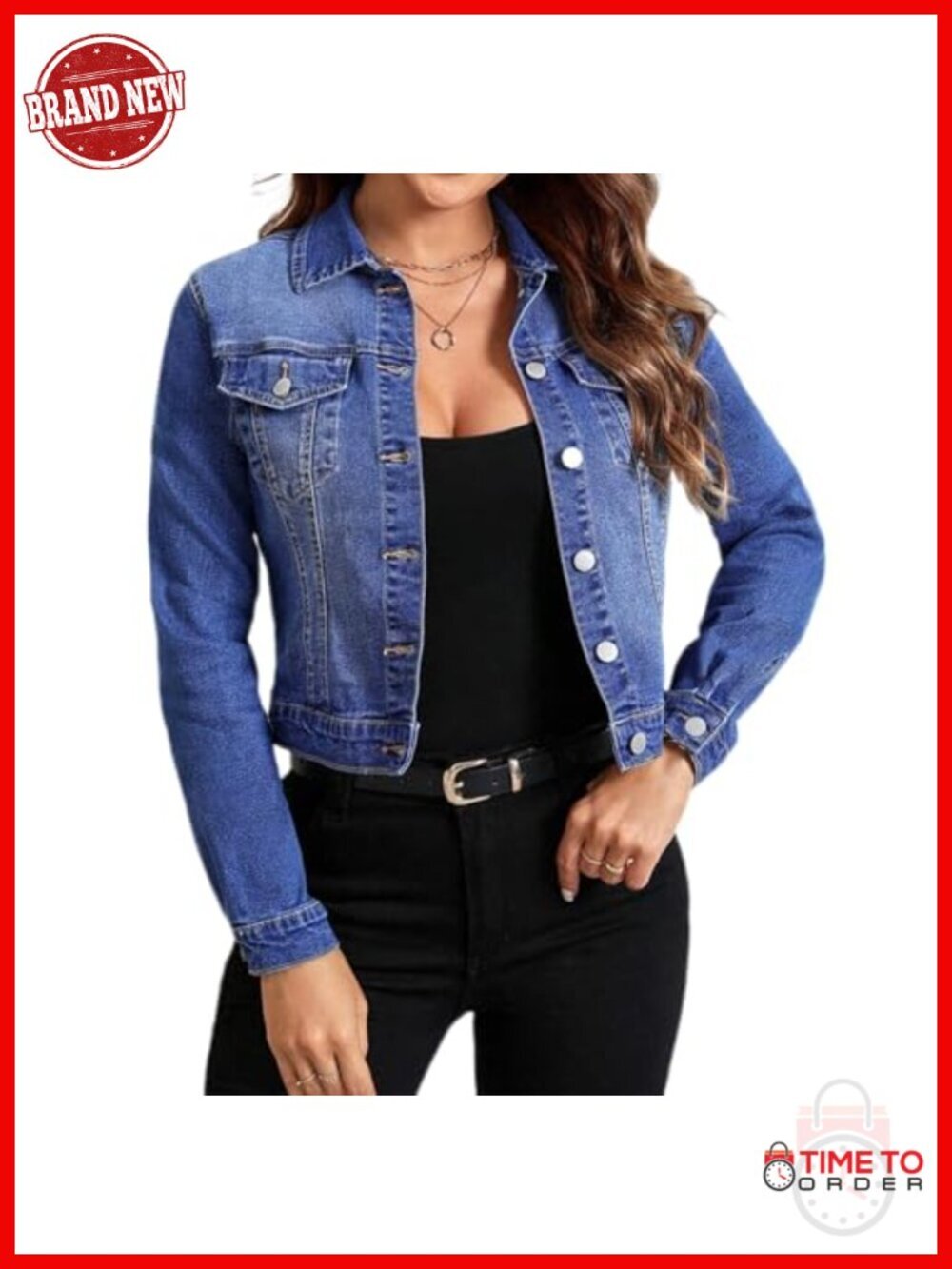 Stretchy Cropped Denim Jacket Long Sleeve Button Down Coat